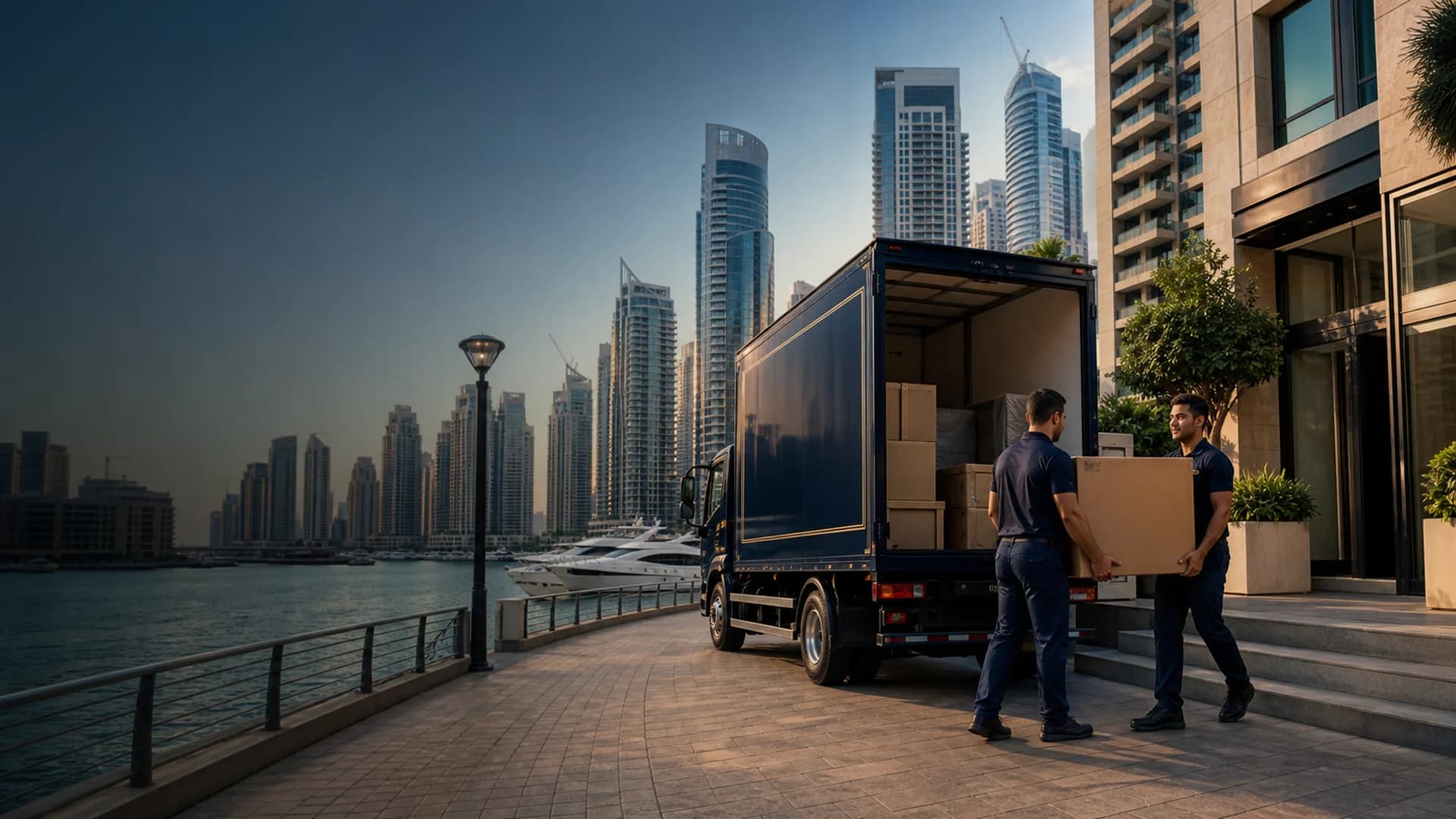 Professional movers handling a move beside Dubai Marina waterfront